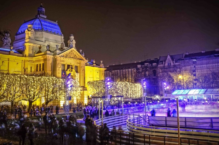 Christmas market in Zagreb Croatia Europe with an ice rink