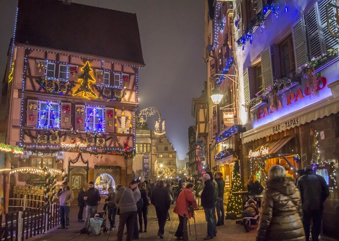 Christmas market in Colmar France Europe with Christmas lights
