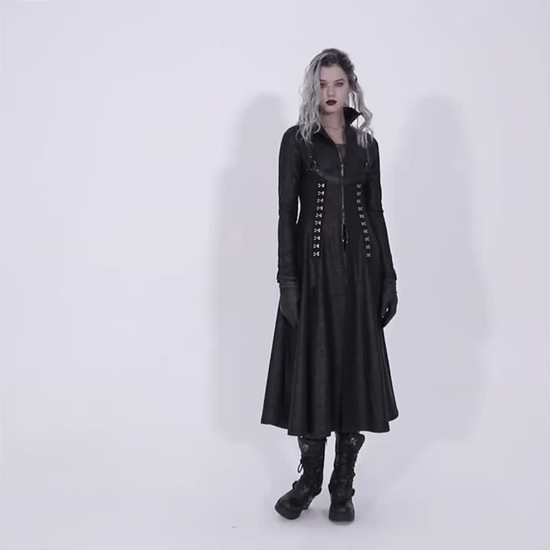 龐克魅影皮革開衩長外套 - 女大衣/外套 - 其他材質 黑色
