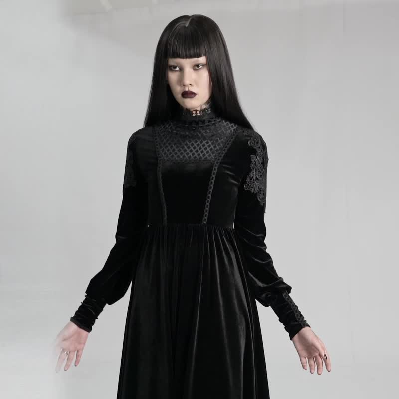 哥德預言女巫絲絨連身裙 - 洋裝/連身裙 - 其他材質 黑色