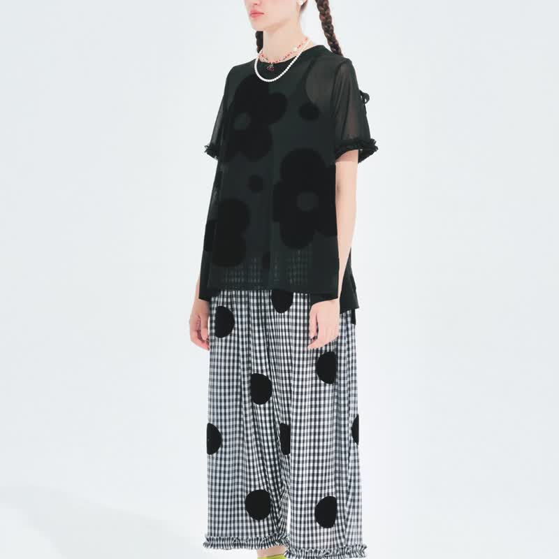 Black large flower mesh short-sleeved top - Women's Tops - Other Materials Black
