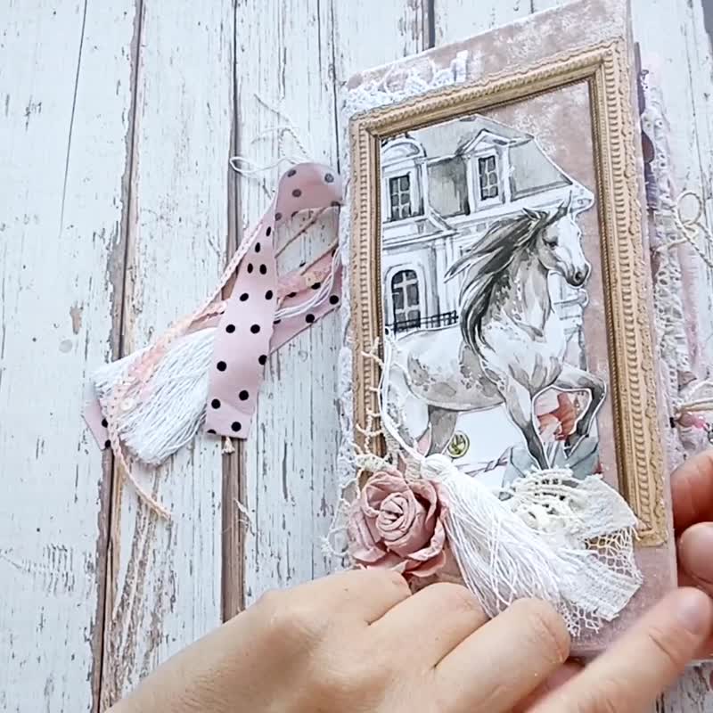 Horse junk journal handmade Lace roses dairy Cottage life notebook - Notebooks & Journals - Paper Pink