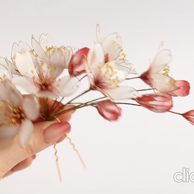之櫻八重櫻鍍金髮簪 sakura handmade hairpin dipart - เครื่องประดับผม - วัสดุอื่นๆ ขาว