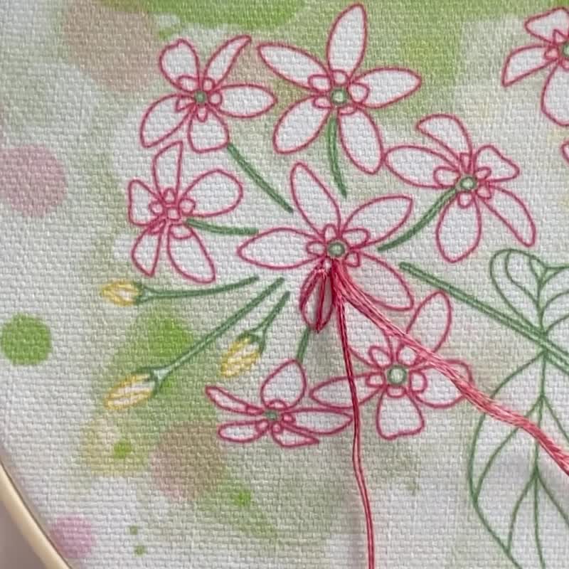 DIY embroidery kit : Rangoon creeper embroidery on painted background fabric. - Knitting, Embroidery, Felted Wool & Sewing - Thread Pink