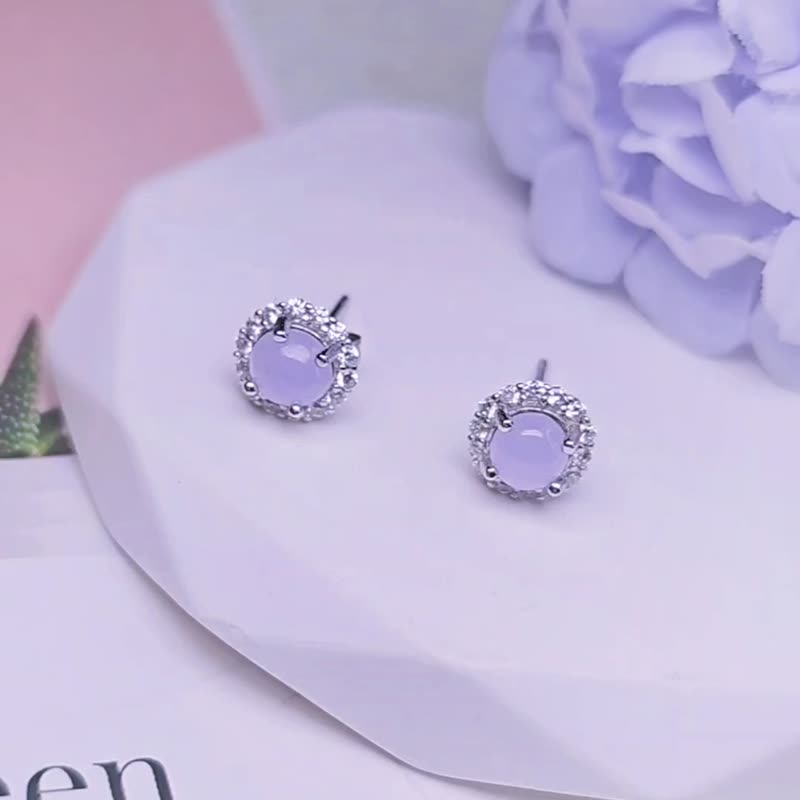 Peach Blossom Noble|Fairy Cherry Blossom Pink|Myanmar A-grade jade ice pink purple sterling silver simple earrings - ต่างหู - หยก 