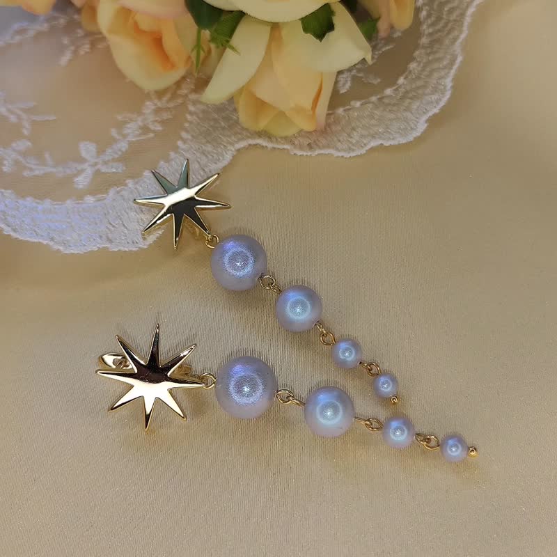 Sky Blue Long Gold Star Swarovski Pearl Earrings, Cascade Pearl Dangle Earrings - Earrings & Clip-ons - Pearl Blue