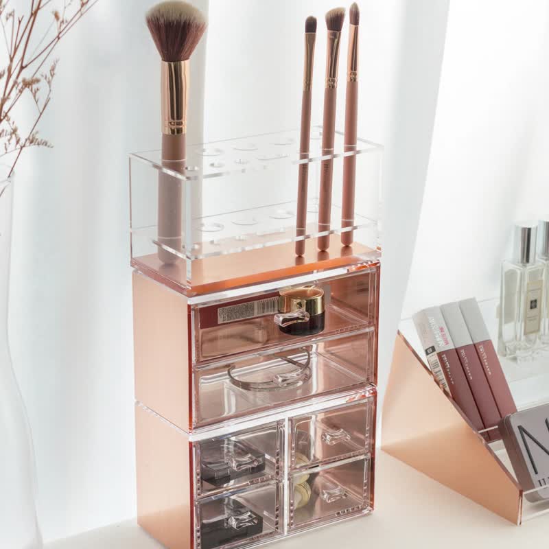 [Girlfriend Gift] Rose Gold/Beauty Brush Storage Two-piece Set (Brush Holder + Drawer) - Makeup Brushes - Other Materials Gold