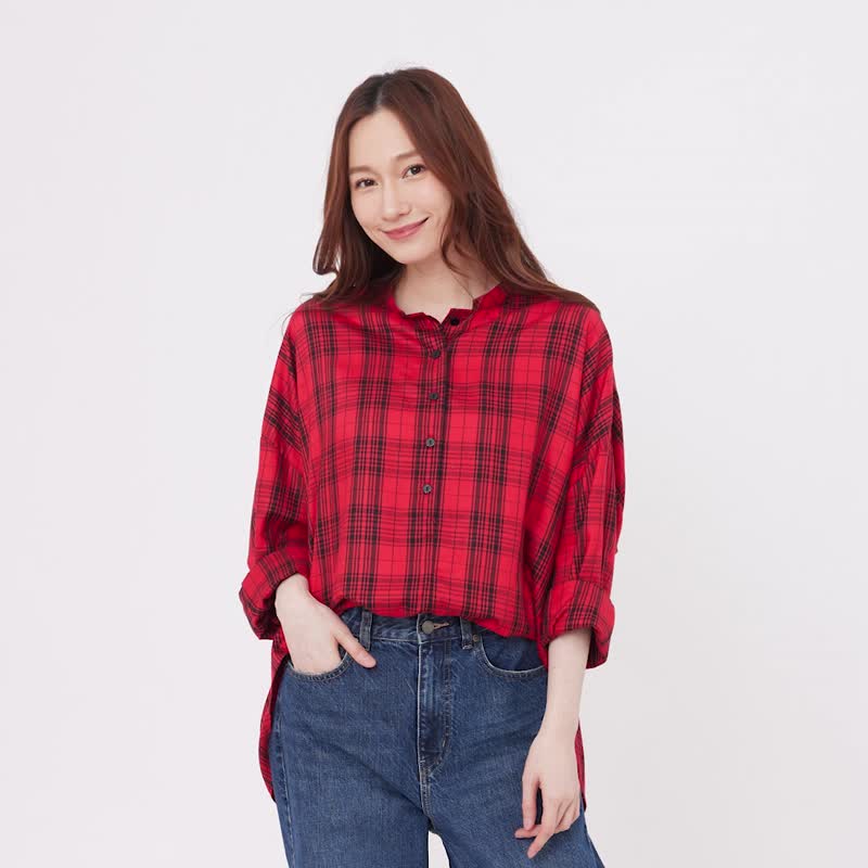 Tracy Popover Plaid Long Sleeves Shirt/Red - Women's Shirts - Other Man-Made Fibers Red