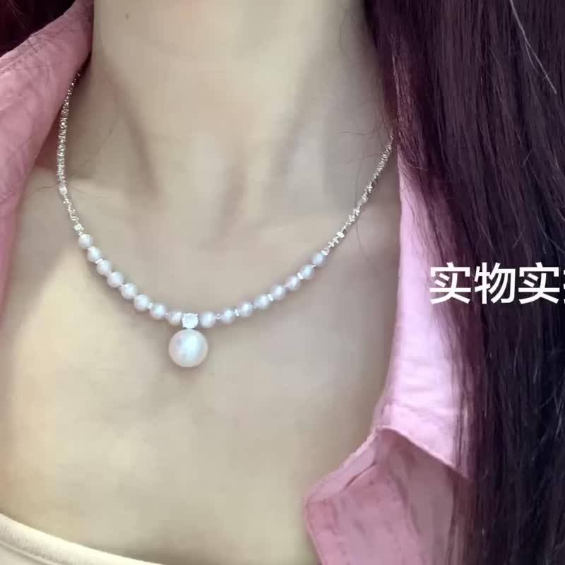 碎銀子 高品質天然淡水珍珠 通體純銀 月牙項鏈 - 項鍊 - 珍珠 白色