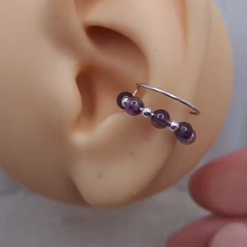 Amethyst Beaded  Silver ear clip ,Silver ear cuff ,Bead jewelry - Earrings & Clip-ons - Sterling Silver Silver