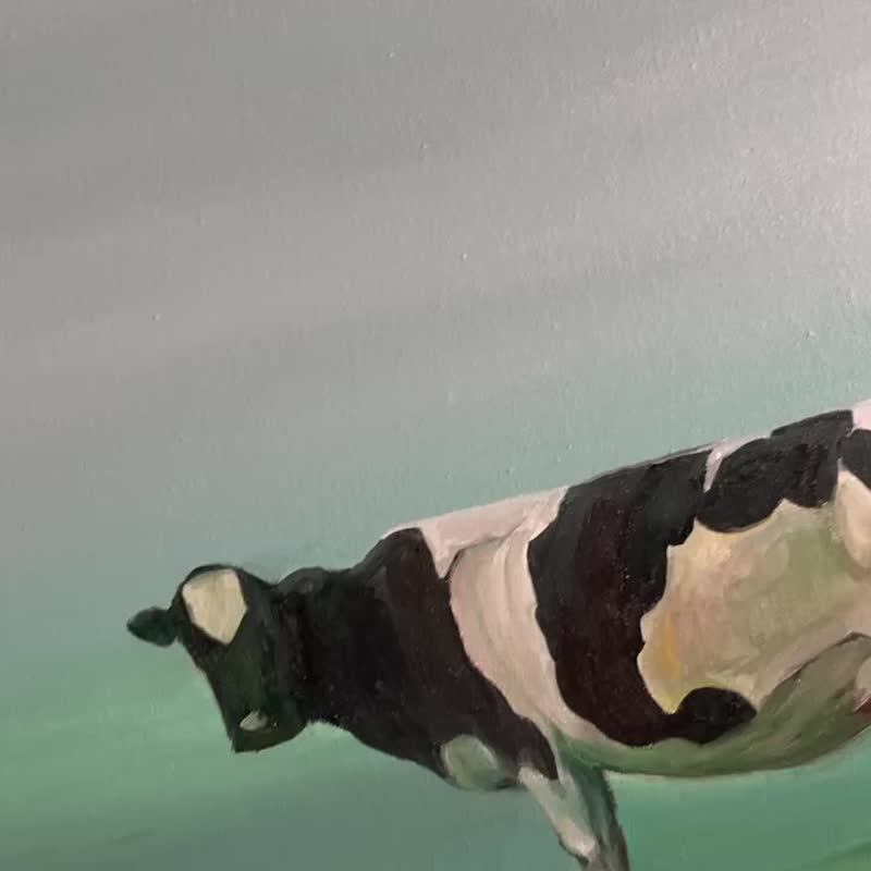 牛の絵、キャンバス上のオリジナル油絵、グリーンアート、リアルな大きな絵画 - ポスター・絵 - コットン・麻 グリーン