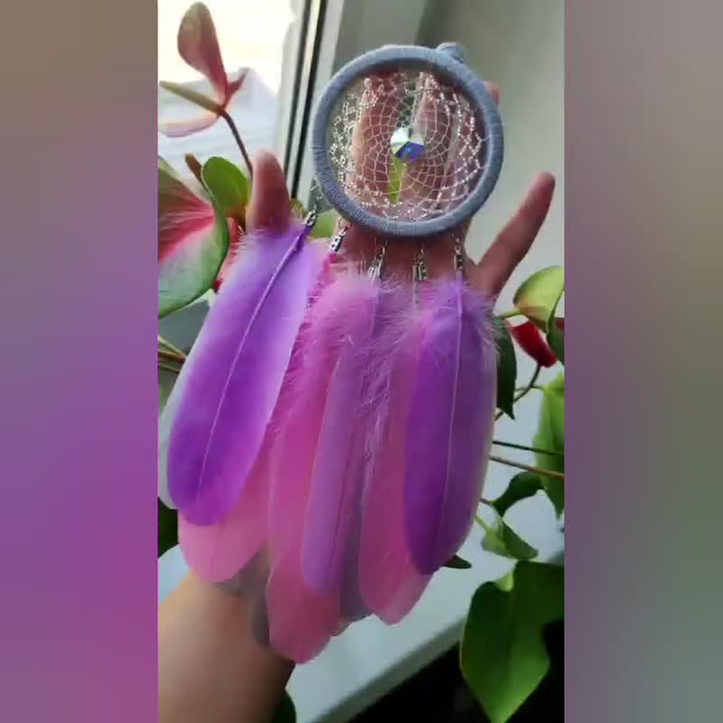 Pink and Purple Feather Dream Catcher - Small Handmade Wall Hanging Decor - Wall Décor - Glass Pink