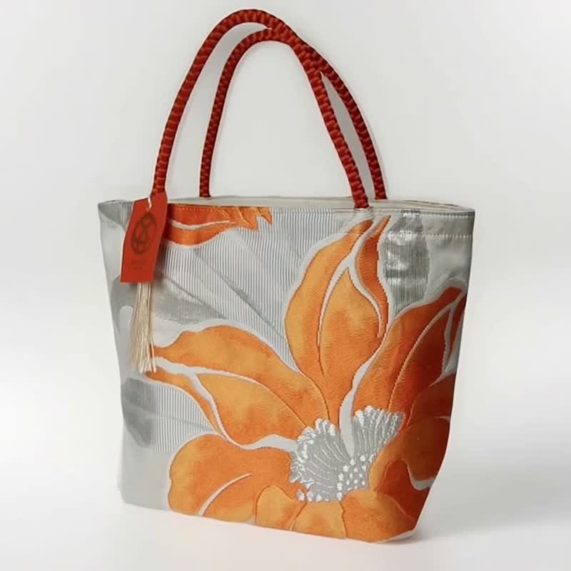 獨一無二100%絲質和服袋帶托特包 | 手工刺繡 | 日本藝術手提包 - 手提包/手提袋 - 絲.絹 橘色