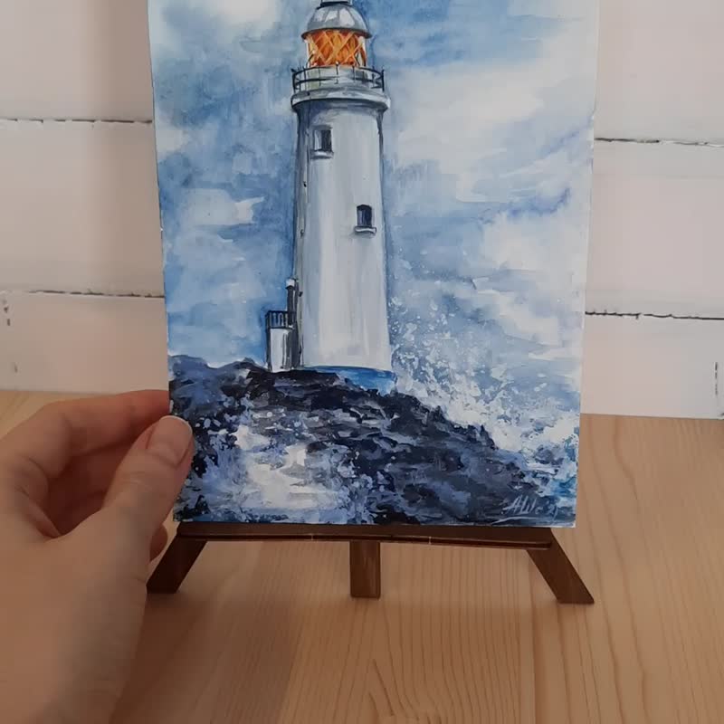 灯台の絵 オリジナル水彩画 海景アート 嵐の絵 - ポスター・絵 - 紙 多色