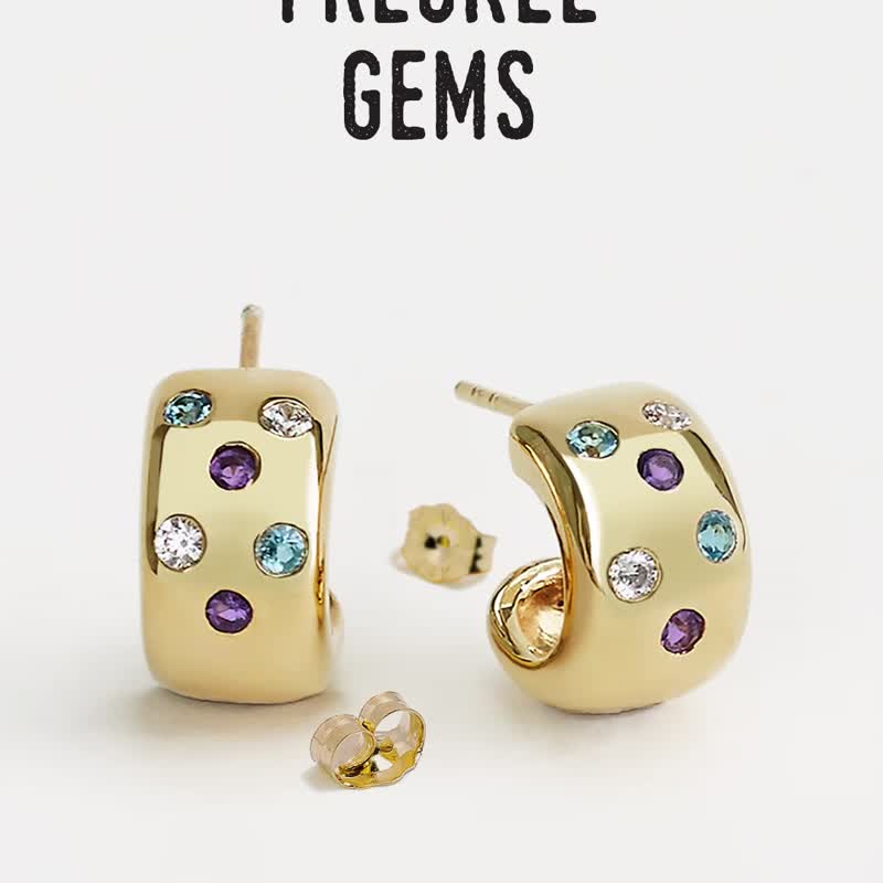 Freckle Gems Hoops (Stud) combination of 3 different gemstone colors and types - Earrings & Clip-ons - Sterling Silver Gold