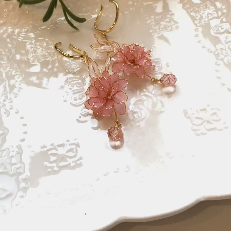 earrings. THE FAIRY Rose crystal flower dangling ear cuffs - Earrings & Clip-ons - Resin Pink