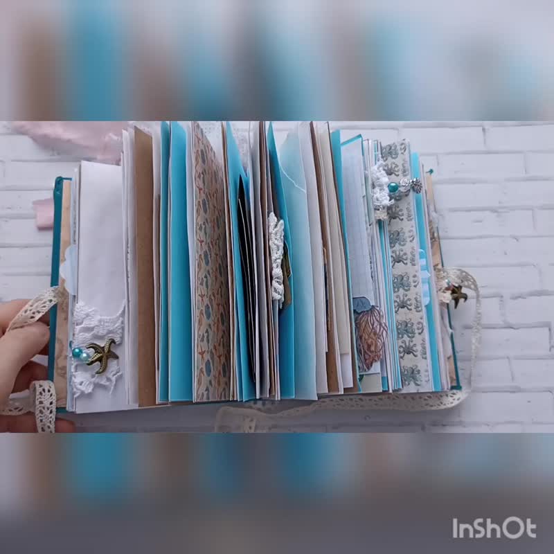 Mermaid junk journal handmade for sale Thick ocean lace notebook homemade - สมุดบันทึก/สมุดปฏิทิน - กระดาษ สีน้ำเงิน