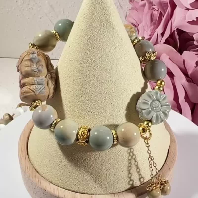 阿拉善 瑪瑙 幻彩油畫 藍 手珠 手鍊 串珠 女財神扎基拉姆同款訂 - 手鍊/手環 - 玉石