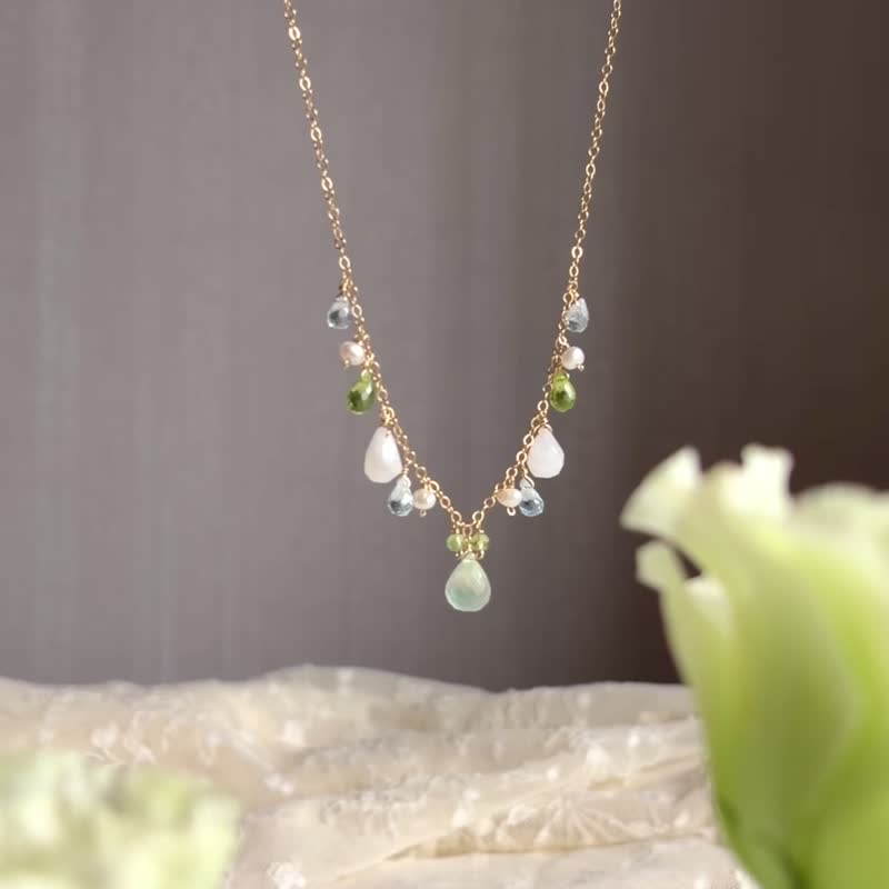 14KGF 葡萄石 x 月光石 x 橄欖石 項鍊 - 項鍊 - 寶石 綠色
