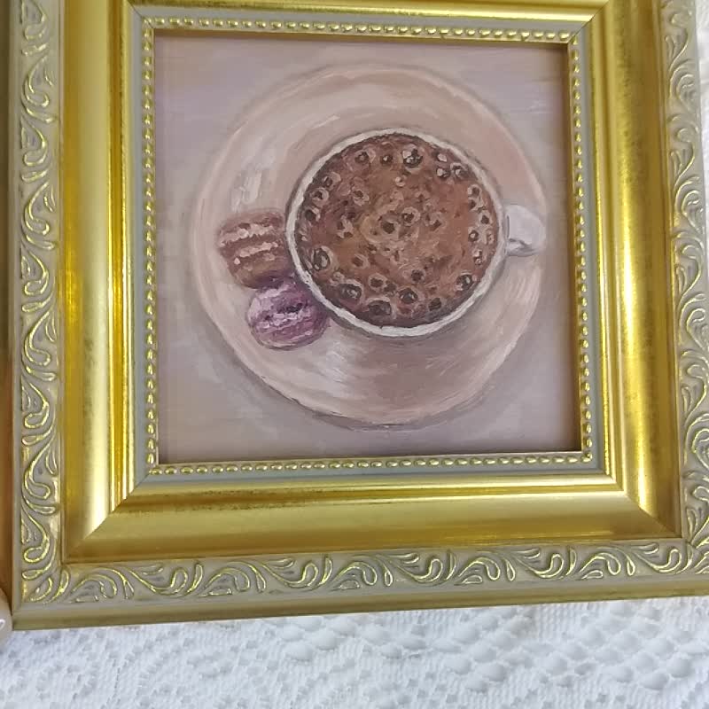 Coffee Cup Framed Painting,Kitchen Wall Art,Dessert Oil Painting,Original Art - ตกแต่งผนัง - วัสดุอื่นๆ สีส้ม
