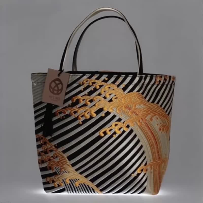 獨一無二真絲和服袋帶托特包, 日本手工刺繡升級改造包, 和風藝術 - 手提包/手提袋 - 絲.絹 金色