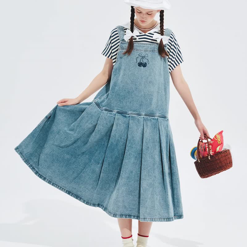 Cherry embroidered washed denim suspender skirt/dress - One Piece Dresses - Cotton & Hemp Blue