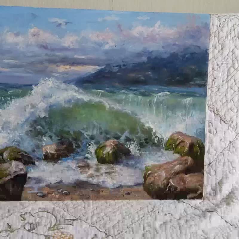 Seascape Painting Original Art Wave Mountains Ocean beach Artwork - 海報/掛畫/掛布 - 其他材質 藍色