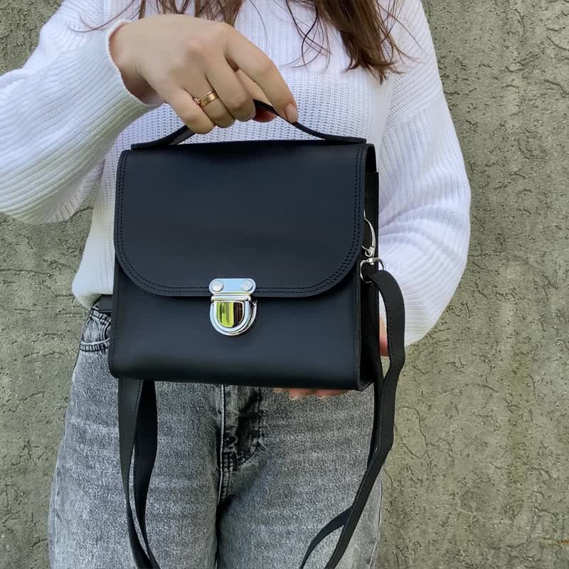 Genuine Leather Handbag / Crossbody Handmade Side Bag/ Small Shoulder Briefcase - Briefcases & Doctor Bags - Genuine Leather Black