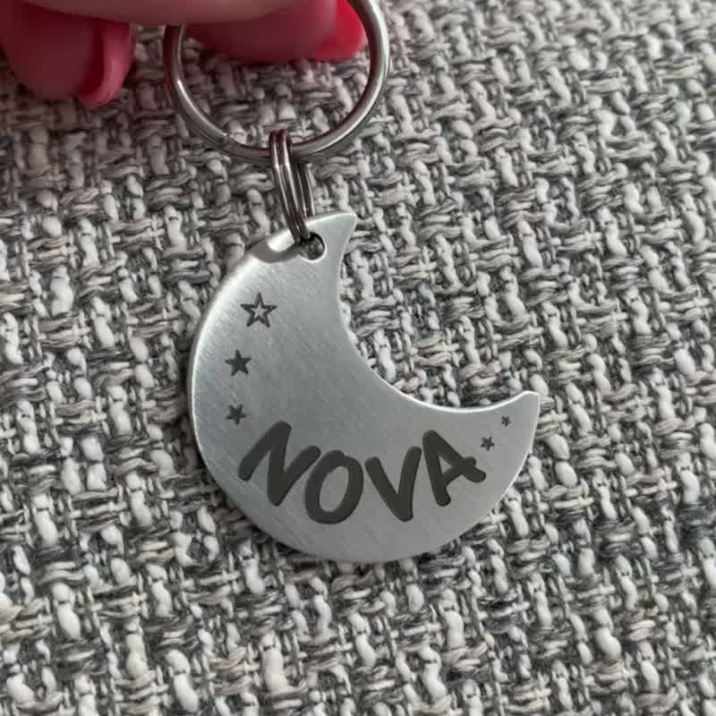 Dog Tag, Cat Tag, Pet Tag, Handmade Customized Stainless Steel Moon Name Tag, Free Engraving - Collars & Leashes - Stainless Steel Silver