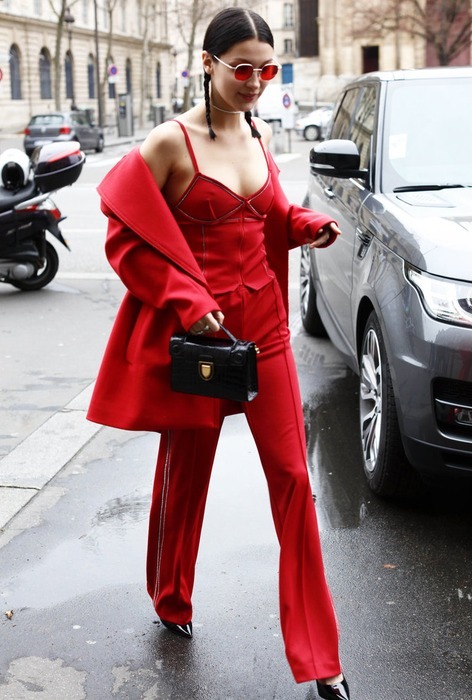 Bella Hadid in flaming red fashion outfit