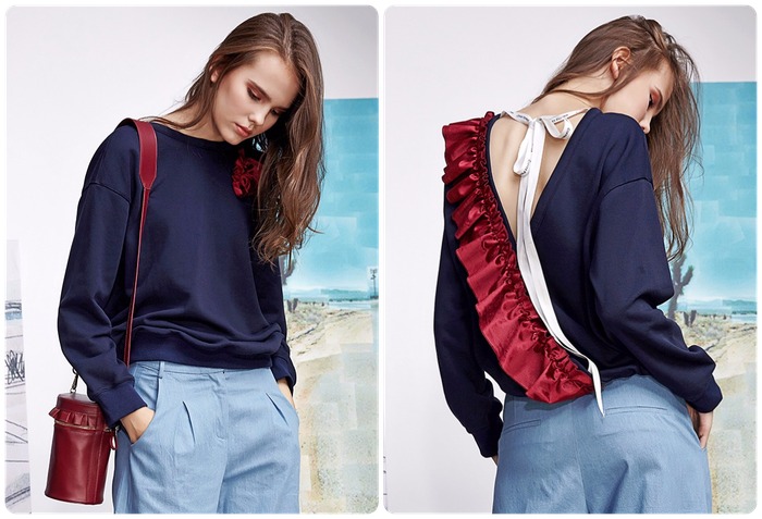 Low back red velvet ruffles sweatshirt