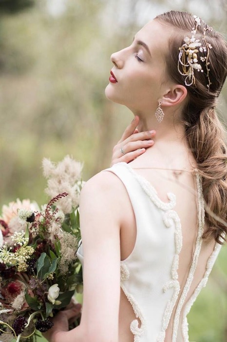 Bride in draped beads Boho Like Rain bridal headpiece