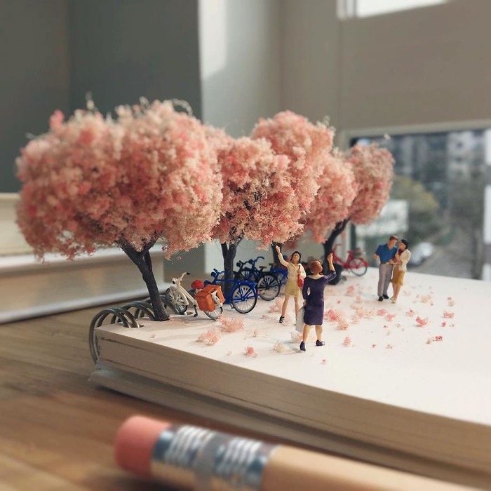 桜の季節を再現したミニチュアアート