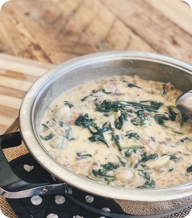 Closer look at creamy lemon spinach mushroom orzo soup