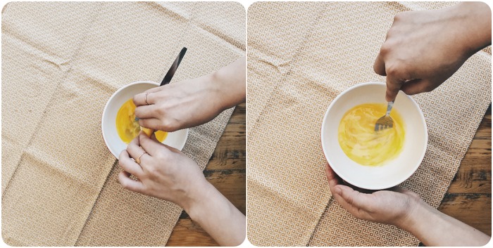 Whisking eggs and lemon juice for a creamy sauce