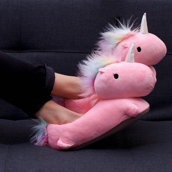 Pink Fluffy Heated Unicorn Slippers Worn on Feet