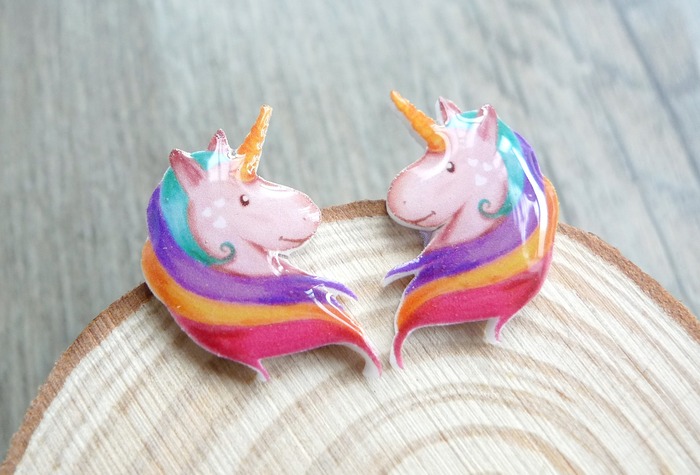 Two Rainbow Color Hair Unicorn Brooches
