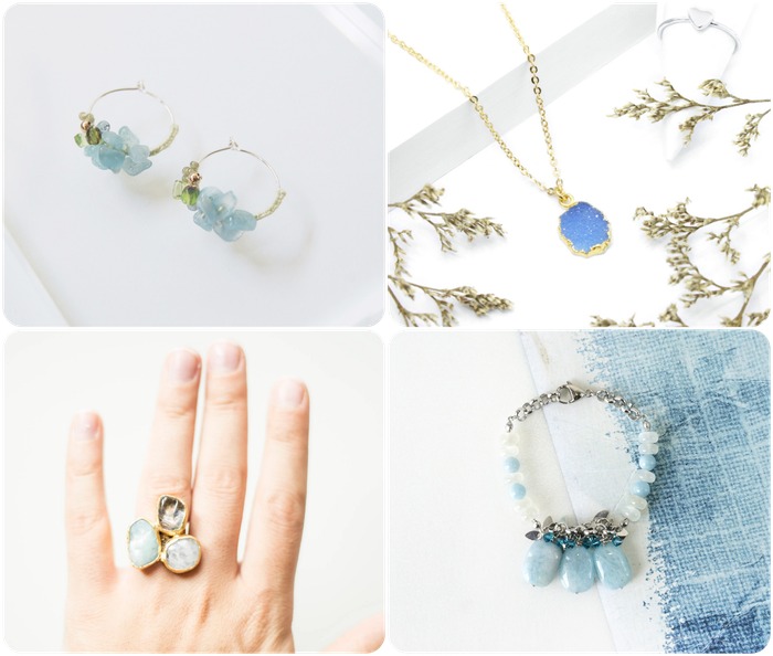 2018 horoscope and birthstones gifts for Pisces: aquamarine rings, aquamarine earrings, aquamarine necklace, aquamarine bracelet