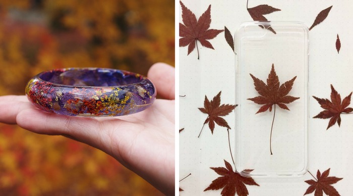 Kyoto maple leaves pressed flower bangle bracelet and maple leaf phone ase