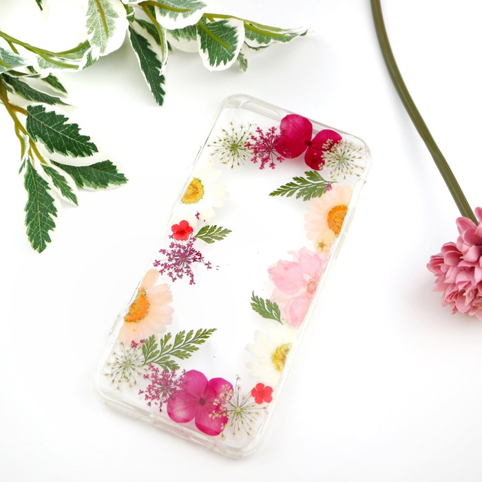 Magenta yellow pink green pressed flowers and leaves phone case