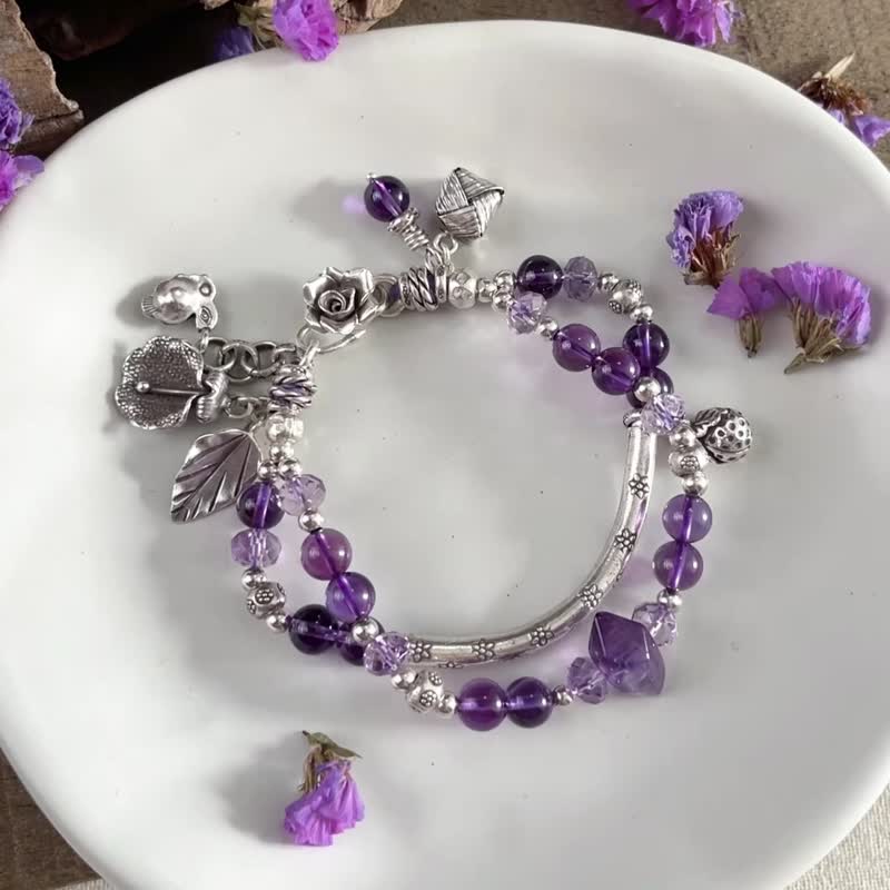 Handmade High Quality Uruguay Amethyst Flower Charms Bracelet with Karen Silver - Bracelets - Crystal Purple