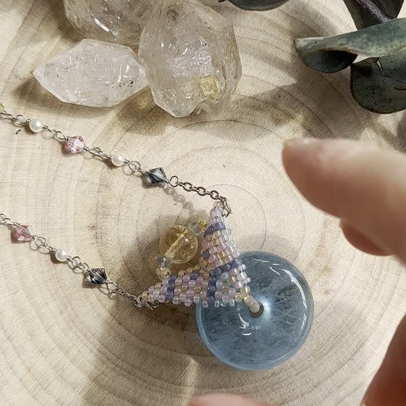 海藍寶平安扣 黃水晶 簡約串珠吊墜 配寶可繞製鏈 - 項鍊 - 半寶石 藍色