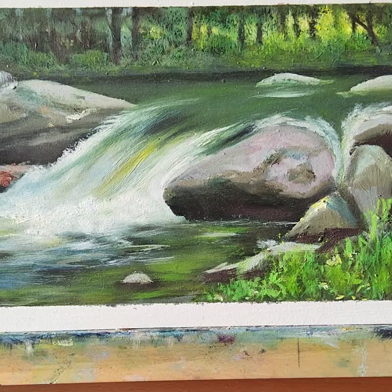 River Bank Painting Landscape Original Art Water Stones Scene Artwork River Bank - วาดภาพ/ศิลปะการเขียน - วัสดุอื่นๆ 