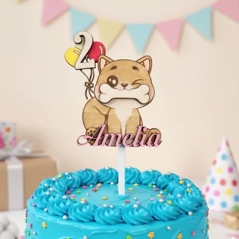Dog Wood Custom Cake Topper - Hand Painted Birthday Keepsake - Custom Name - 寶寶/兒童餐具/餐盤 - 木頭 
