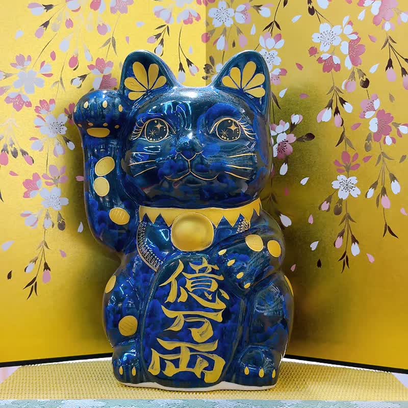 【皓水聚財】日本清水燒招財貓 | 青墨 - 金幣 特大 - 擺飾/家飾品 - 瓷 藍色