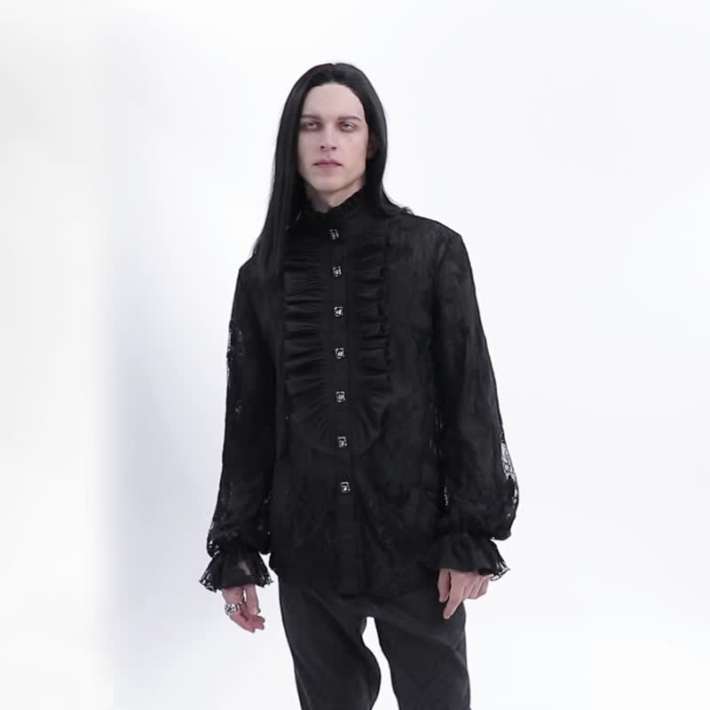 哥德煉金術士金花刺繡襯衫 / 寬鬆版型 - 男襯衫/休閒襯衫 - 其他材質 黑色