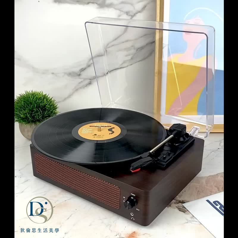 Classic nostalgic vinyl record player with blue bud wood texture available in two colors/black walnut/teak color - ลำโพง - วัสดุอื่นๆ สีนำ้ตาล