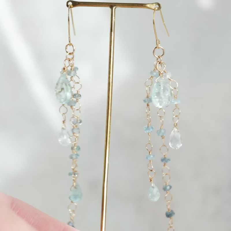 Aquamarine Long Clip-On Handmade - ต่างหู - เครื่องประดับพลอย สีน้ำเงิน