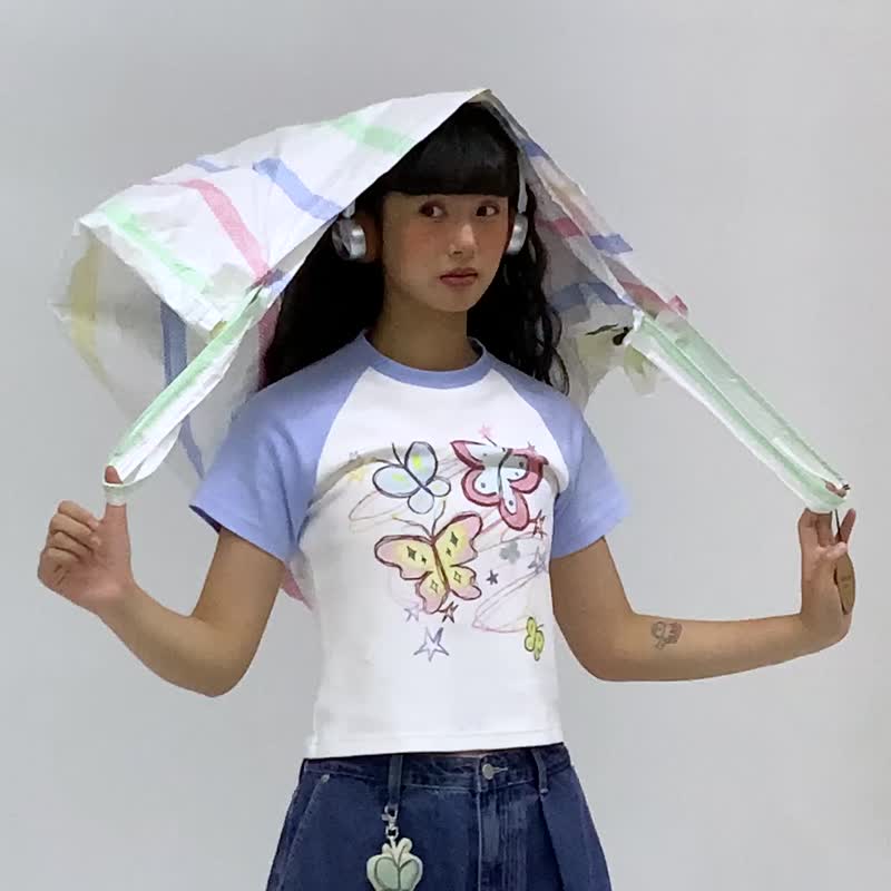odd maker手繪蝴蝶印花插肩袖T恤女夏季寬松休閒可愛短袖上衣 - 女 T 恤 - 棉．麻 