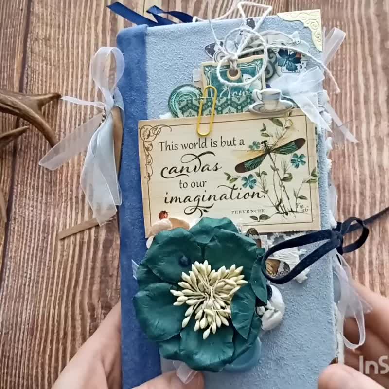 Blue Dragonfly junk journal handmade Botanical Nature Butterfly notebook - 筆記本/手帳 - 紙 藍色